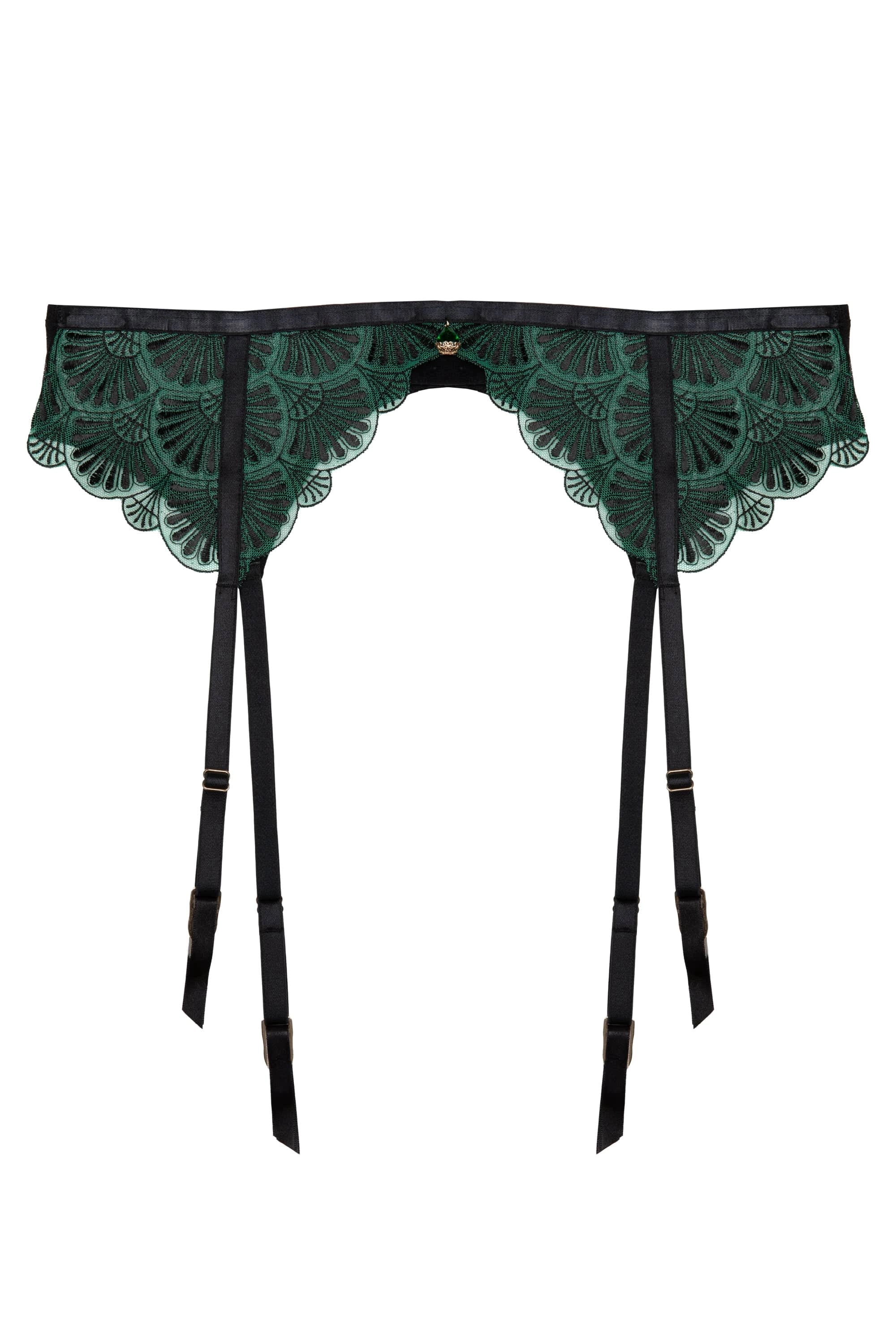 Mia Black And Jade Deco Embroidery Suspender Belt