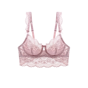 Pink Floral Soft Lace Trim Mesh Bra Lingerie