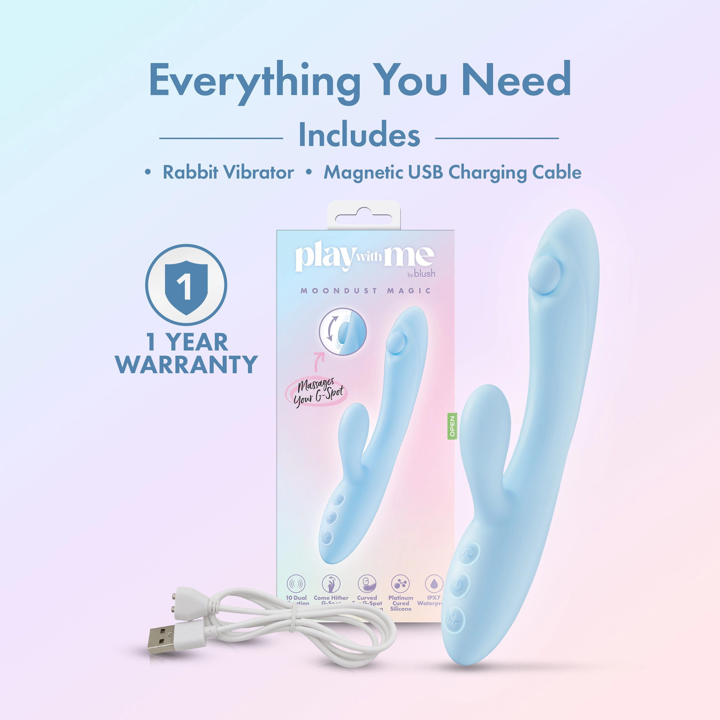 Play With Me By Blush® | Moondust Magic - 8 Inch G Spot Clitoral Rabbit Vibrator - 10 Dual Vibration Modes - Soft Silicone - Blue