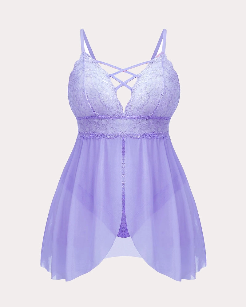 Plus Size Snap Crotch V Neck Lace Nighty