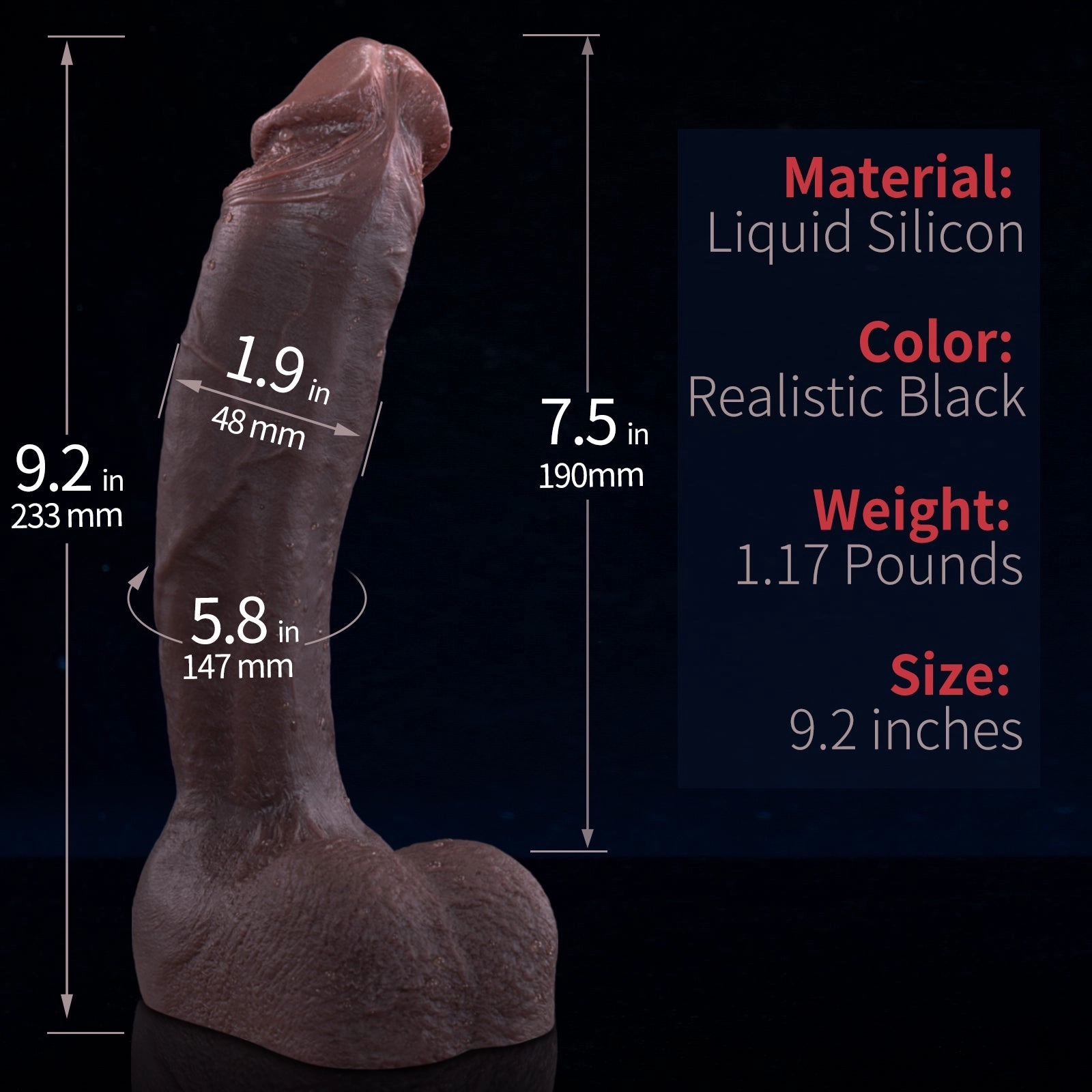 QUTOYS 9.2in Handmade Realistic Silicone Dildo-Black